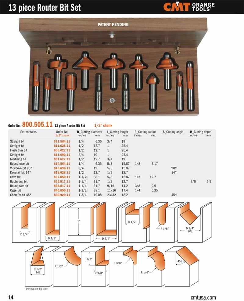 CMT 800.505.11 Router Bit Assortment, 13Piece 1/2" Shank, In Wooden Case