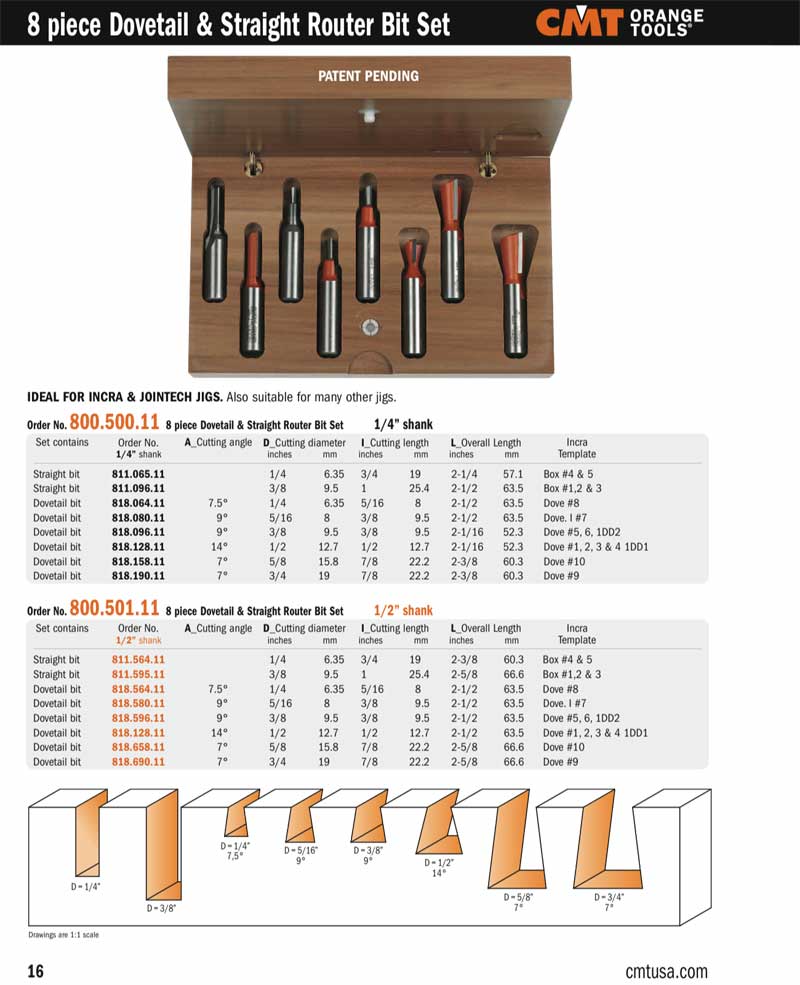 New CMT 800.500.11 8 Piece Dovetail and Straight bit sets 1/4" Shank 