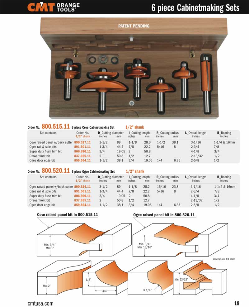 [CMT 800.515.11] Six Piece Kitchen Cove Cabinetmaking Router Bit Set With  1/2