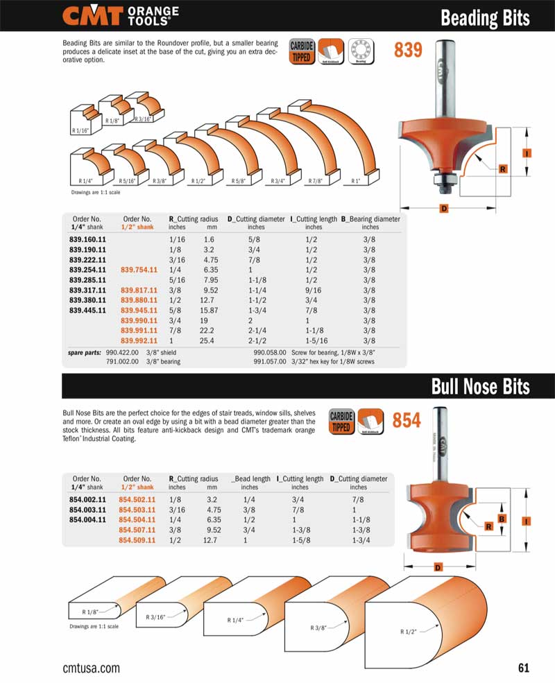 CMT 839.160.11 1/16" Radius X 1/2" Cutting Length 2Flute Beading