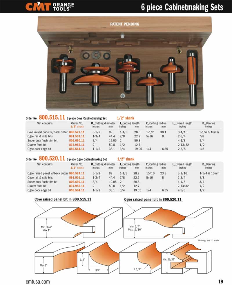 Cmt 800 515 11 Six Piece Kitchen Cove Cabinetmaking Router Bit Set