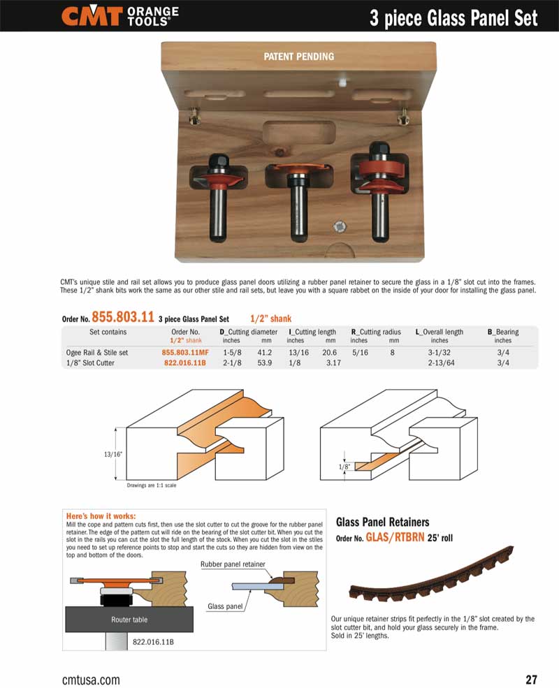 Cmt 855 803 11 Sommerfeld 3 Piece Ogee Glass Panel Router Bit Set 1 Contents 855 803 11mf Rail And Stile Set