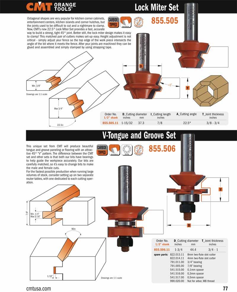 CMT 855.506.11 Adjustable V Groove Tongue And Groove Bit Set (1/2" Shank)
