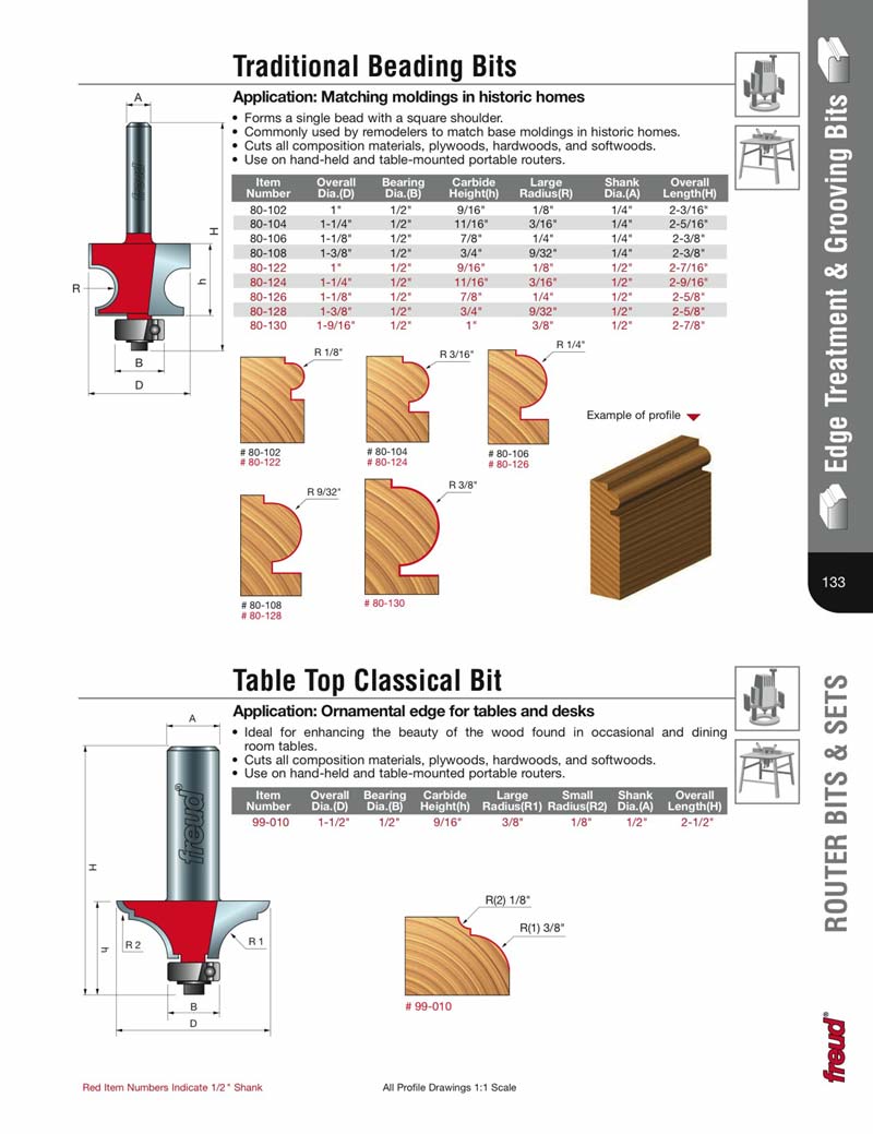 80-130 Freud 3//8 Radius Traditional Beading Bit with 1//2 Shank