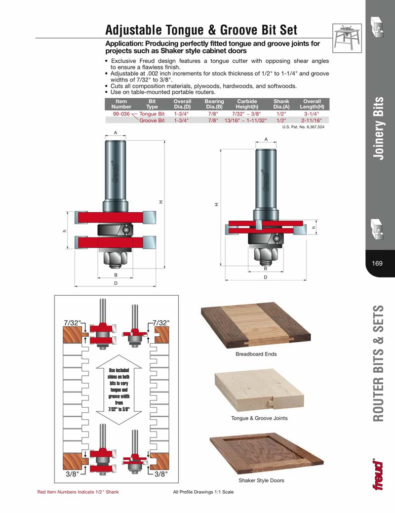 Freud 99036 13/4" Diameter Adjustable Tongue & Groove Router Bit Set
