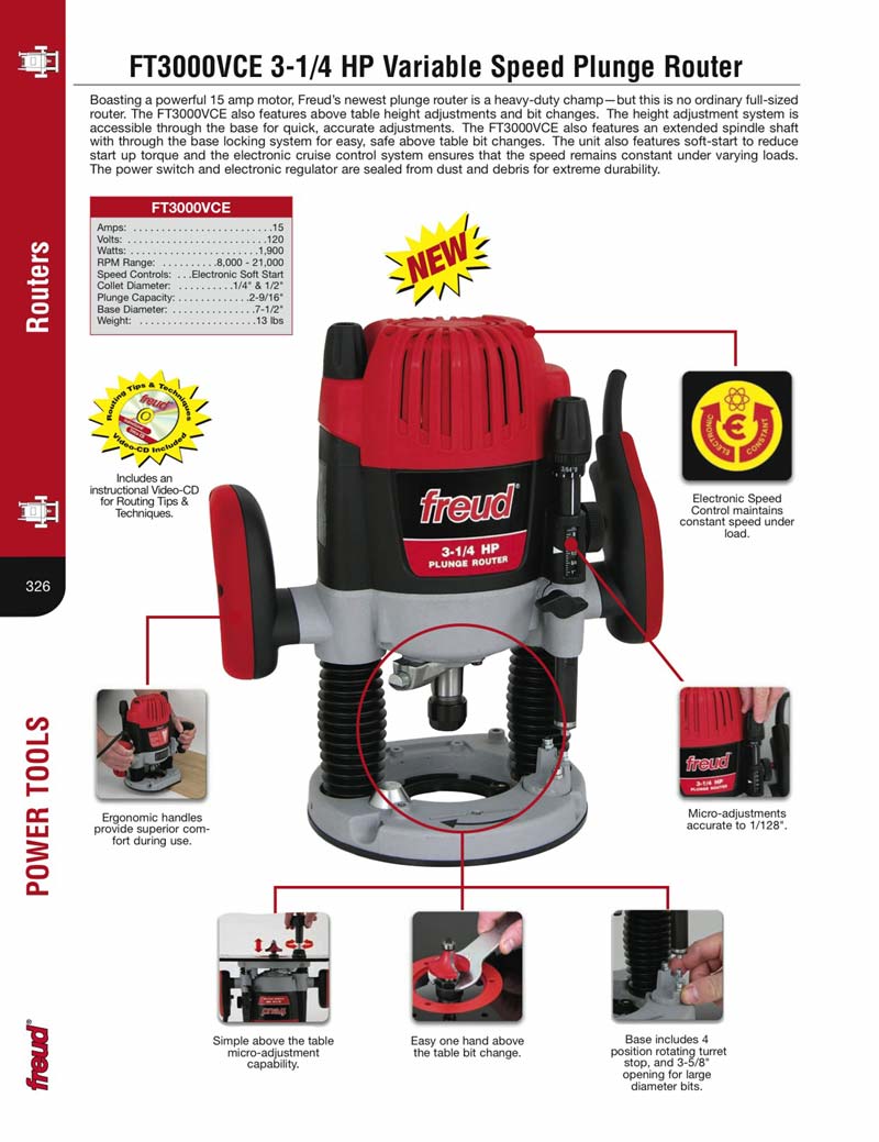 Freud FT3000VCE 31/4 HP Variable Speed Plunge Router