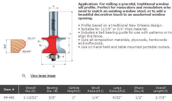 Freud 99-462 Window Stool Router Bit (1/2
